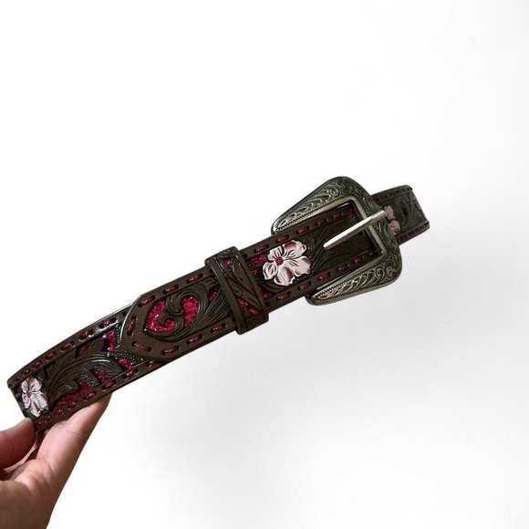 Shyanne Western Leather Belt Floral Glitter Rhinestone Buckle Brown - Picture 2 of 5